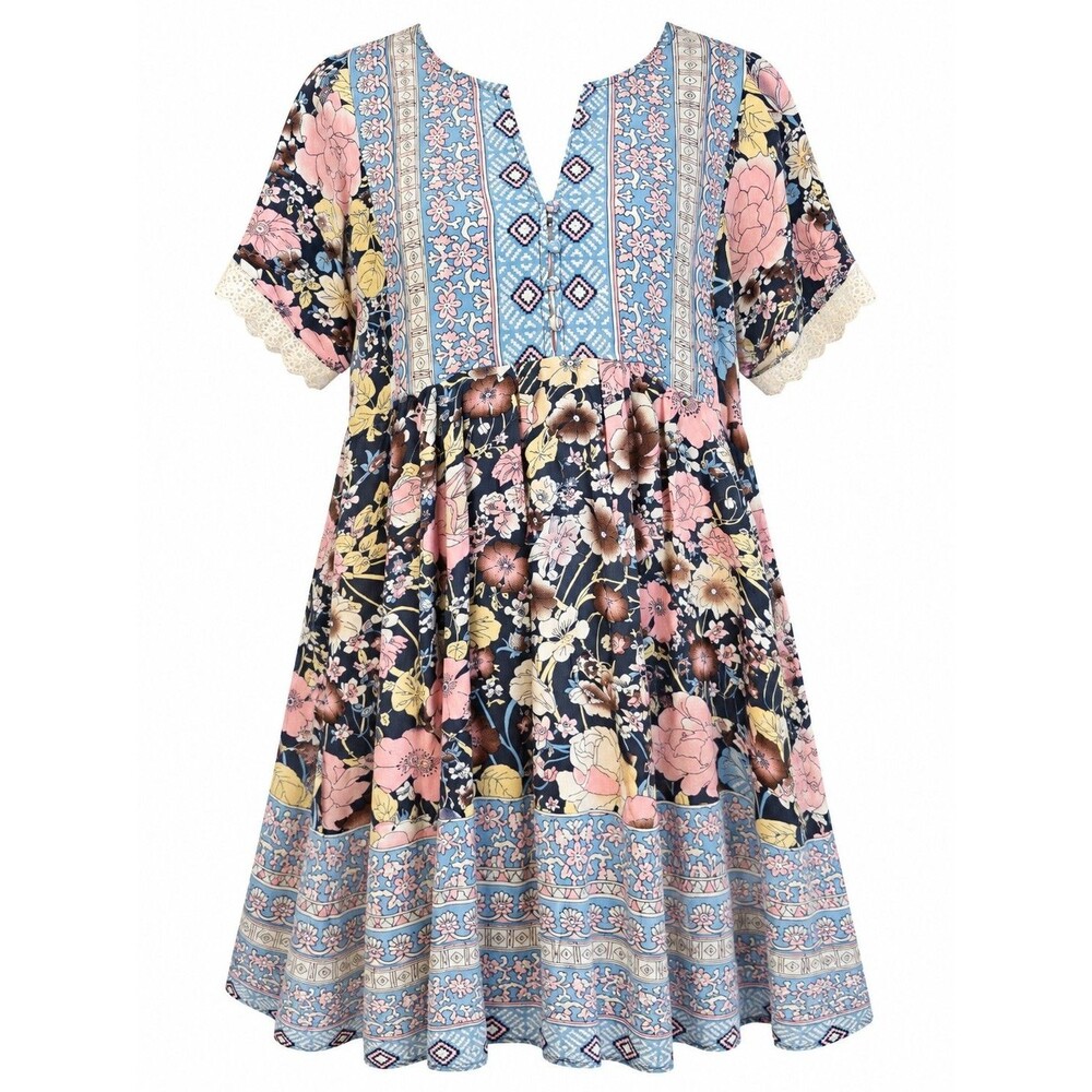 Small Boho Floral Patchwork Dress Lace Trim Cottagecore Prairie Festival Pockets